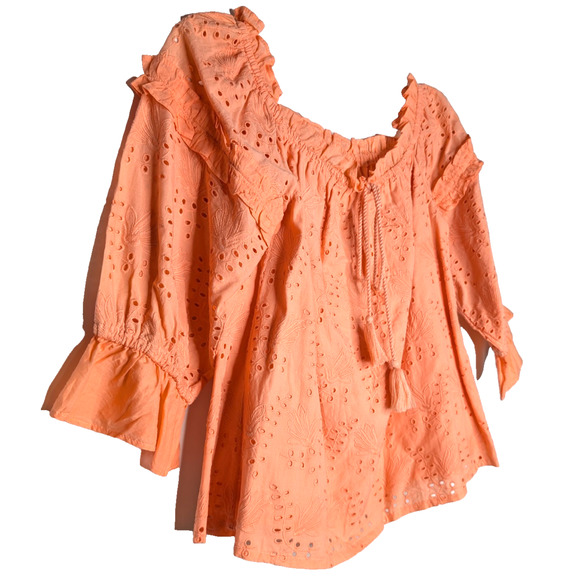 Anthropologie Jane Eyelet Lace Off Shoulder Peasant Prairie Cottage Blouse Coral - Picture 7 of 11
